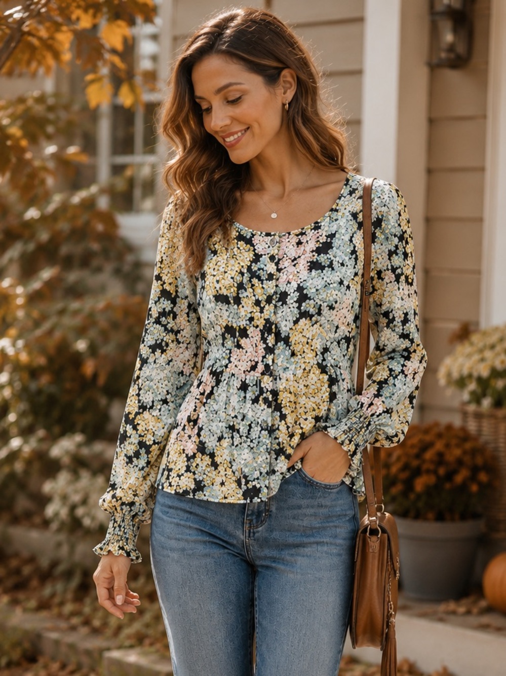 LOFT Petite Floral Peplum Blouse Long Sleeve Smocked Cuff Boho Romantic MP
